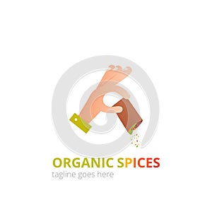 Spices logo concept design. Food vector illustration. Healthy simple logotype. The chef`s hand pours the seasonings