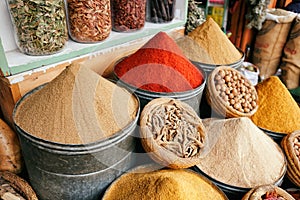 Spices in the market of Marrakech, Morocco.