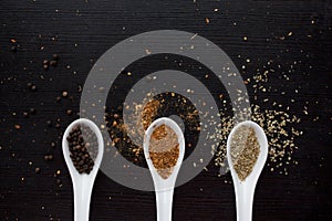 Spices in measuring spoon. Cooking and seasoning for taste