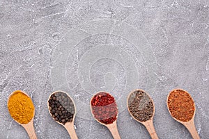 Spices mix on wooden spoons on a grey background. Top view