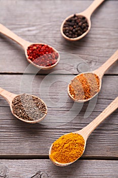 Spices mix on wooden spoons on a grey wooden background. Top view