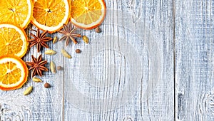 Spices for mulled wine on a white wooden background. Christmas, New Year background.