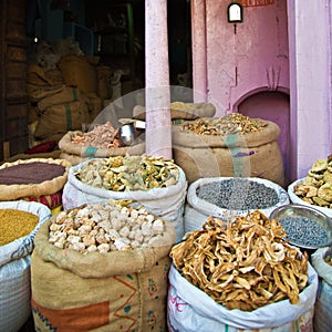 Spices and other goods in old market of Bikaner India