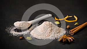 Spices for recipes. Milanese sugar. Spoon and pile of sugar, cinnamon, clove. Sweets. Ground spice