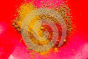 Spices - red pepper, ground coriander, salt and turmeric on a red plate, close-up