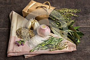 Spices: rosemary, thyme, oregano, sea salt, garlic and onion