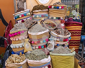 Spices for sale in the Marrakesh Souk along one side of Jemaa el-Fnaa square and market place in Marrakesh`s medina quarter.