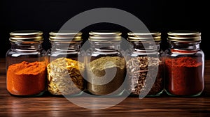 Spices seeds and seasonings in matching spice jars, vegan ingredients and concept of flavoring your dishes