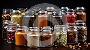 Spices seeds and seasonings in matching spice jars, vegan ingredients and concept of flavoring your dishes