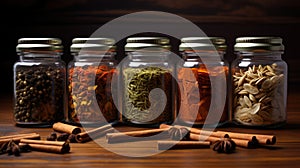 Spices seeds and seasonings in matching spice jars, vegan ingredients and concept of flavoring your dishes