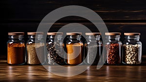 Spices seeds and seasonings in matching spice jars, vegan ingredients and concept of flavoring your dishes