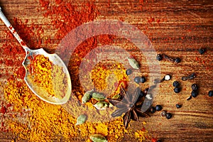 Spices, spoon and collection of ingredients on table, catering and cooking with flavor for culinary background. Ground