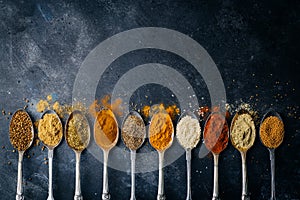 Spices in spoons background. Varieties of spices turmeric, pepper, chili, coriander, cinnamon and peppers for cooking. Culinary