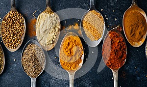 Spices in spoons background. Varieties of spices turmeric, pepper, chili, coriander, cinnamon and peppers for cooking. Culinary