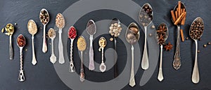 Variety of colorful spices in spoons on black stone background, top view, banner