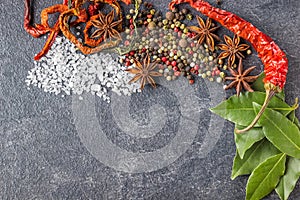 Spices on the stone black background. Condiments on a dark table