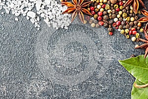 Spices on the stone black background. Condiments on a dark table