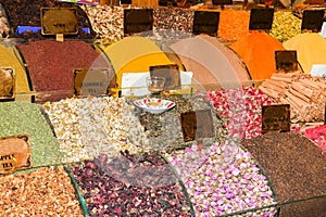 Spices and teas in the Egyptian market in Istanbul. Spices stall in the Spice Market, Istanbul