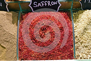 Spices and teas in the Egyptian market in Istanbul, Turkey. Saffron
