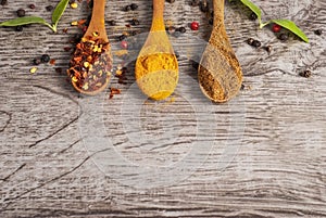 Spices in wooden spoons on wooden background