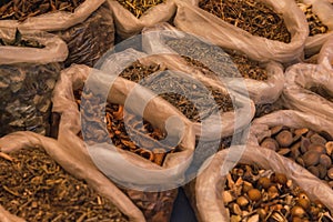 Spices in a typical Mexican market called tianguis, put in different plastic bags