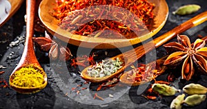 Spices. Various Indian Spices on black stone table. Spice and herbs on slate background. Assortment of Seasonings, condiments