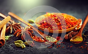 Spices. Various Indian Spices on black stone table. Spice and herbs on slate background. Assortment of Seasonings, condiments