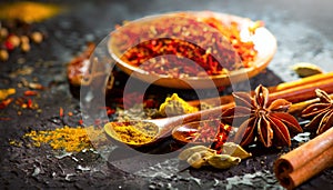 Spices. Various Indian spices on black stone table. Spice and herbs on slate background. Cooking ingredients