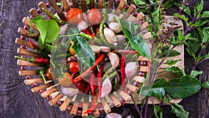 Spices, of various kinds, were placed together, inside a bamboo basket