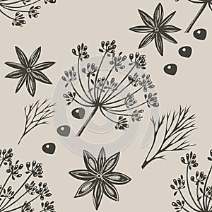Vector background with hand drawn herbs and spices. Hand drawn ink illustration. Organic and fresh spices illustration