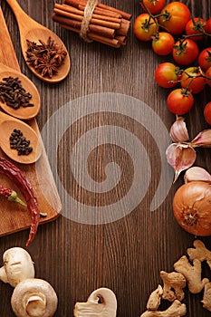 Spices and vegetables in anticipation of cooking photo