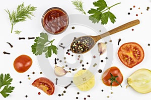 Spices and vegetables, hot sauce isolated on a white background