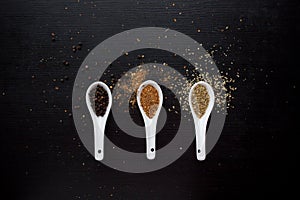 Set spices in measuring spoon. Cooking and seasoning for taste