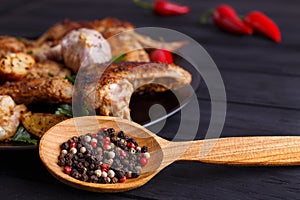 Spices in a wooden spoon, ingredients for cooking with prepared