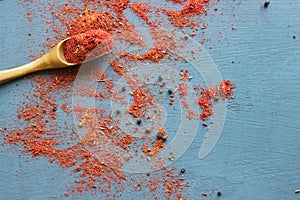 Spices in a wooden spoon. Various Indian spices on black stone table