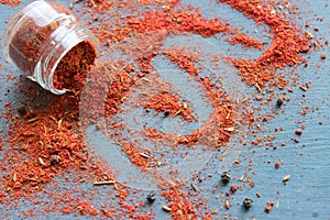 Spices in a wooden spoon. Various Indian spices on black stone table