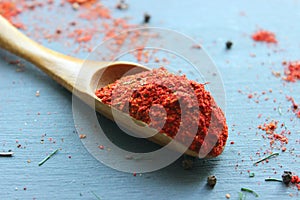 Spices in a wooden spoon. Various Indian spices on black stone table