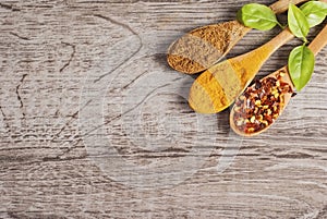 Spices in wooden spoons