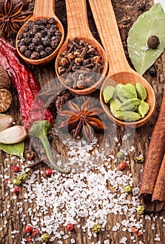 Spices on wooden table