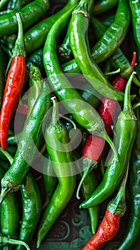 Spicy allure Top view of freshly harvested green chili peppers