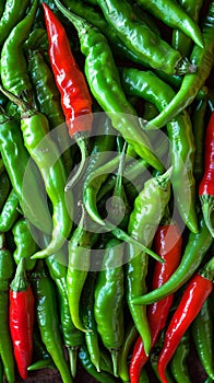 Spicy allure Top view of freshly harvested green chili peppers