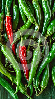 Spicy allure Top view of freshly harvested green chili peppers