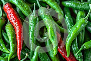 Spicy allure Top view of freshly harvested green chili peppers