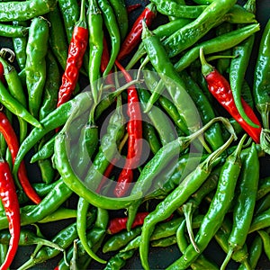 Spicy allure Top view of freshly harvested green chili peppers