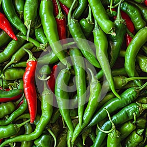 Spicy allure Top view of freshly harvested green chili peppers