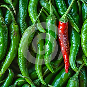 Spicy allure Top view of freshly harvested green chili peppers