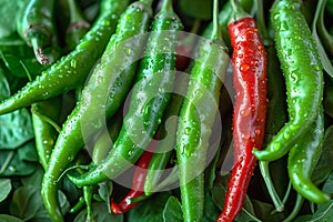 Spicy allure Top view of freshly harvested green chili peppers