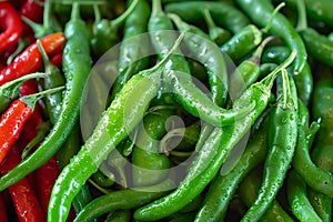 Spicy allure Top view of freshly harvested green chili peppers