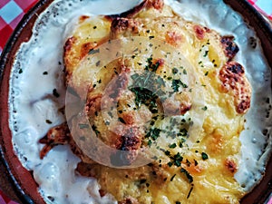 spicy baked American potatoes with blue cheese, chicken in cream