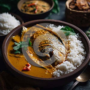 Spicy Bangladeshi Hilsa Curry with Rice and Salad